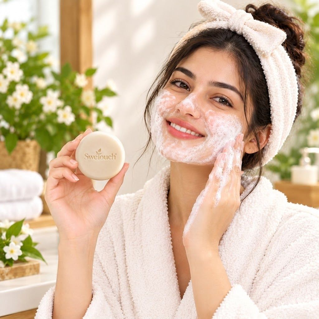 A woman in a white bathrobe with a bow headband applies foaming facial cleanser to her face while holding a round beige Swetouch bar in her other hand, set in a bright, sunlit bathroom with green plants.